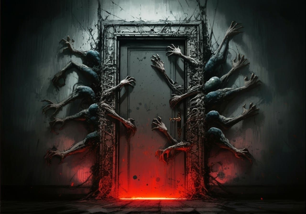 Ominous, Dark Door Opens to Grasp at the Wall in Creepy, Hig...