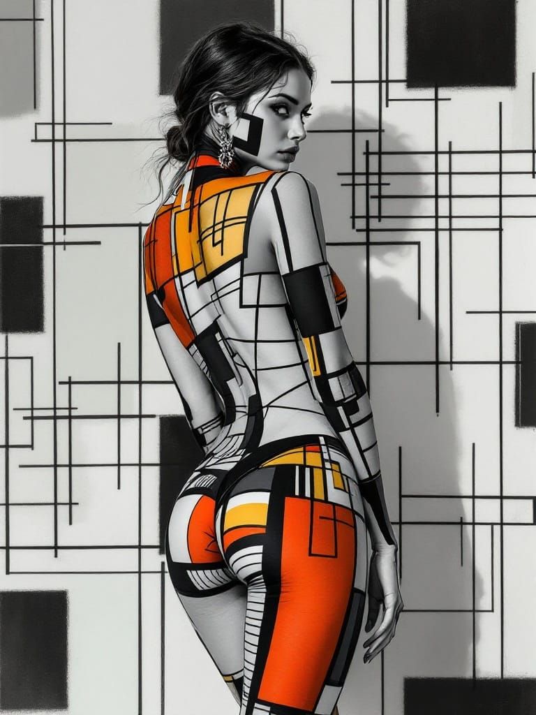 Woman Merges with Geometric Wall Art in Charcoal Sketch Styl...