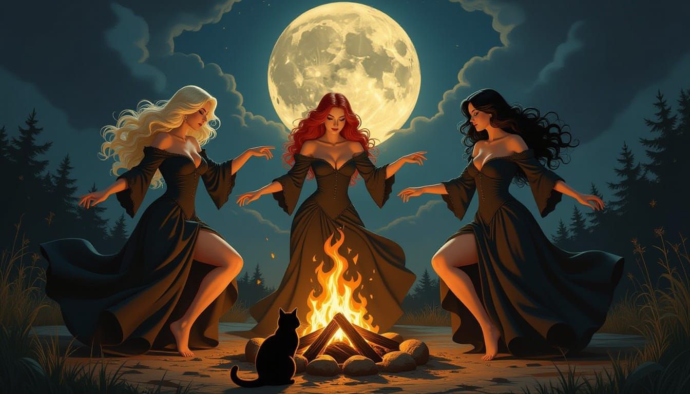 Renaissance Witches Dancing by Bonfire in Michelangelo Style