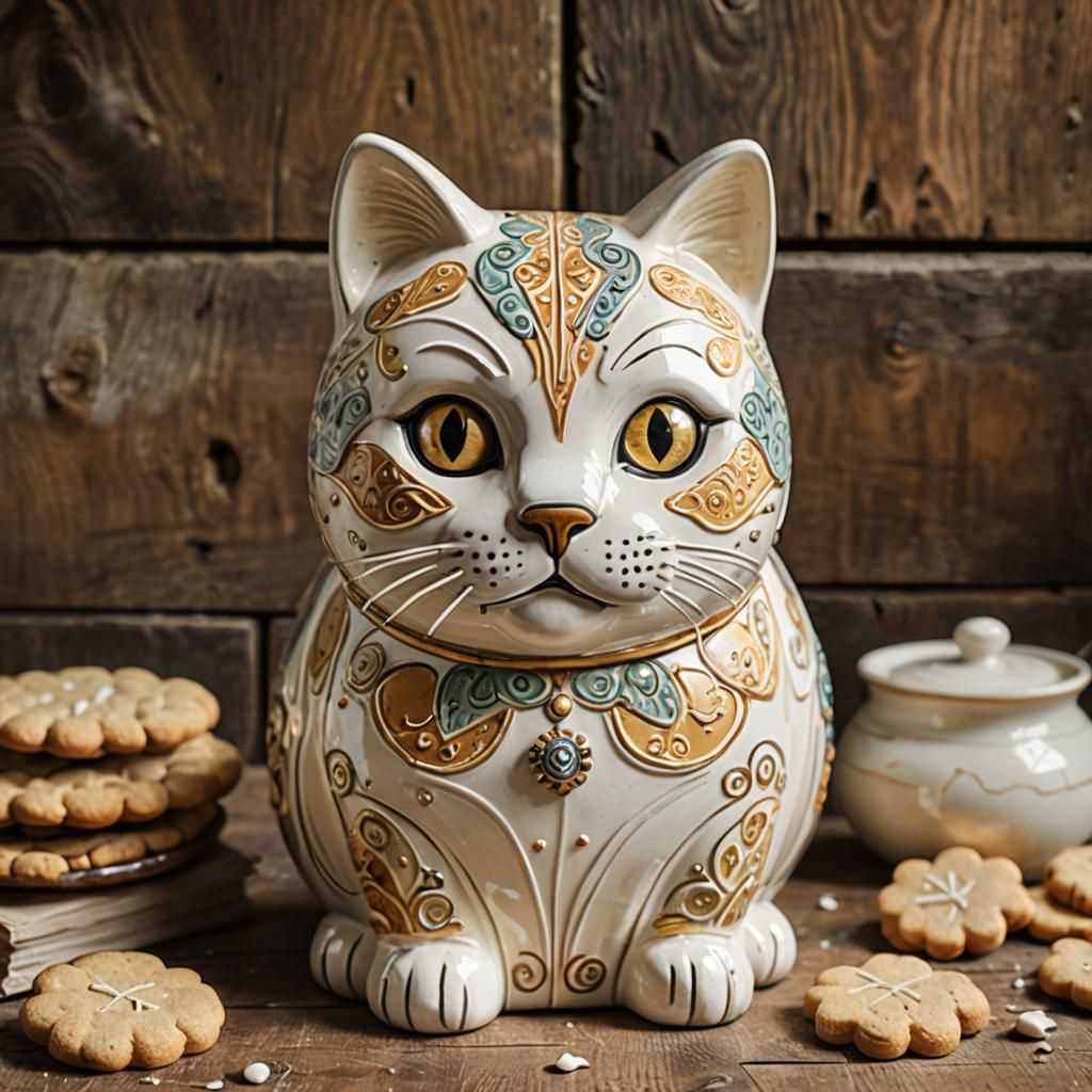 Whimsical Folk Art Porcelain Cat Cookie Jar