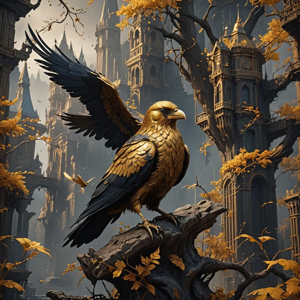 Regal Golden Crow soars in a Vibrant Fantasy Landscape