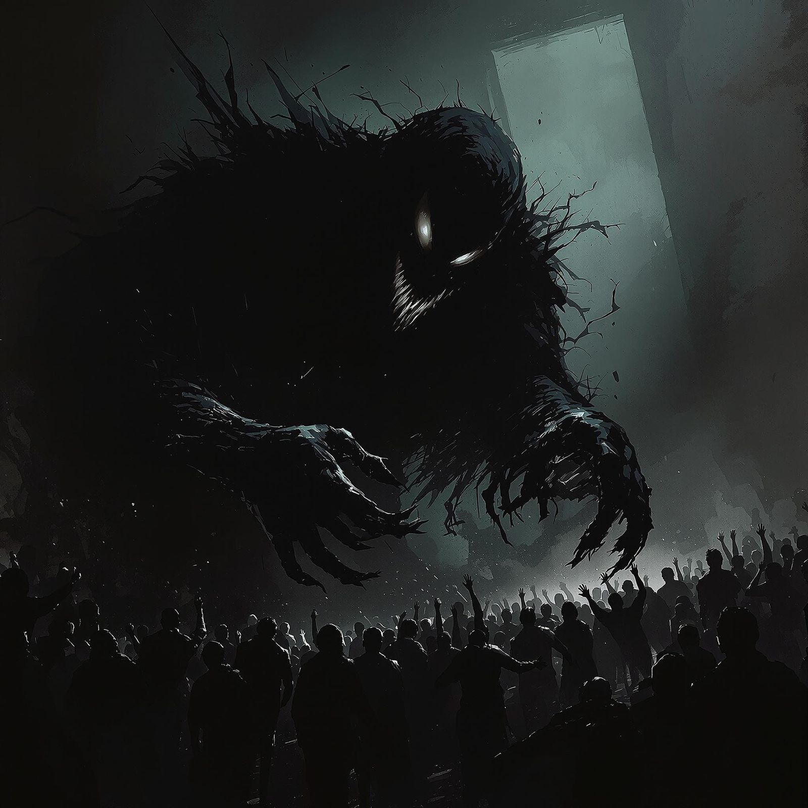 Ominous Figure Manipulating Crowd in Dark Surreal Style