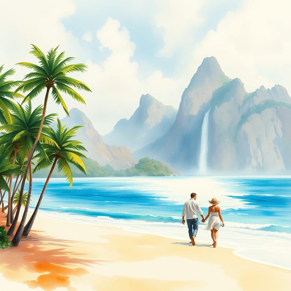 Impressionist Paradise with Majestic Palm Trees and Turquois...