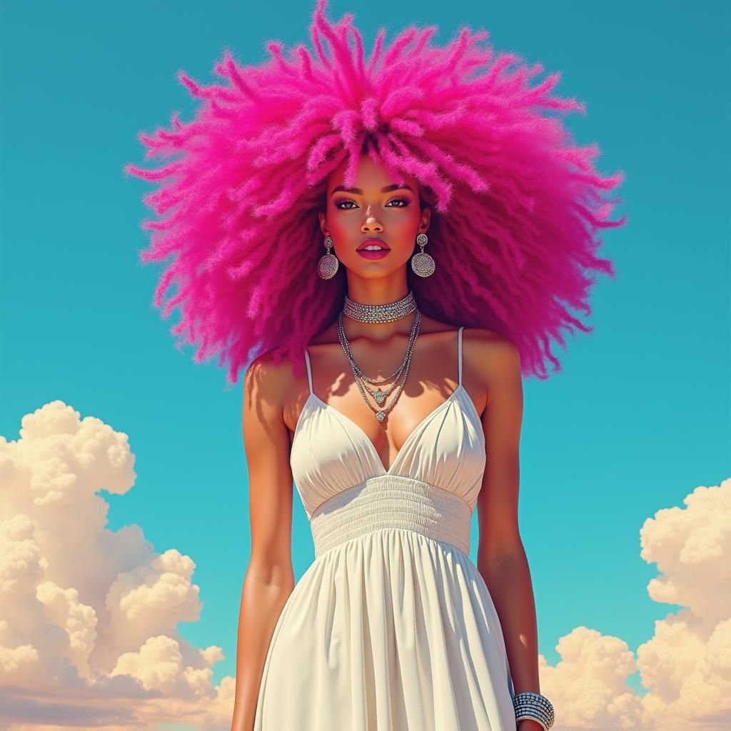 Surreal Magenta Goddess in Vibrant, Dreamlike Landscape