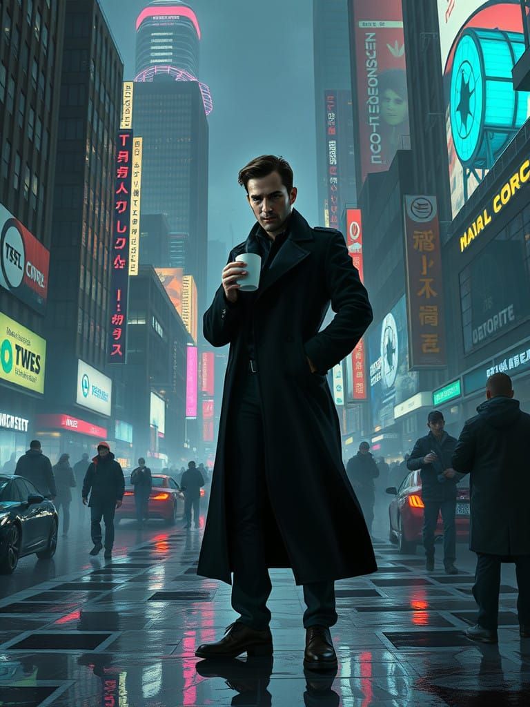 Cyberpunk Man Surveys Futuristic City from Grubby Alleyway