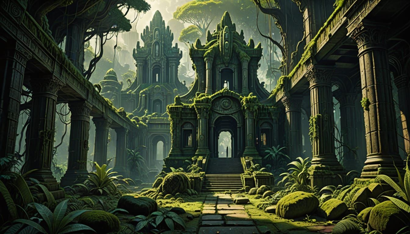 Lost Jungle City with Glowing Ruins and Ethereal Light