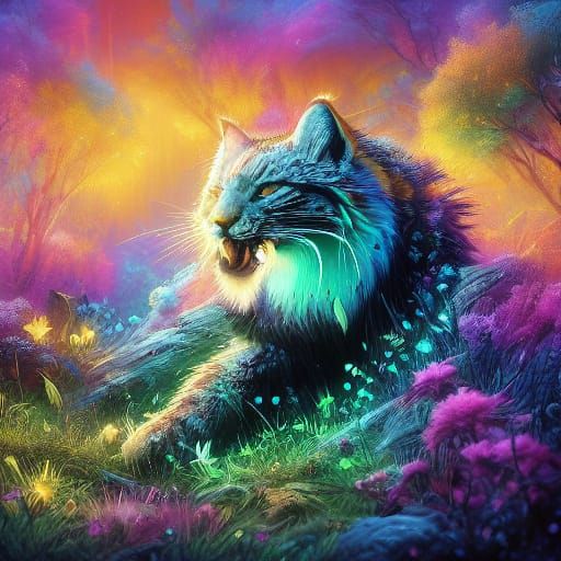 Fantasy Cat Runs Through Misty Forest