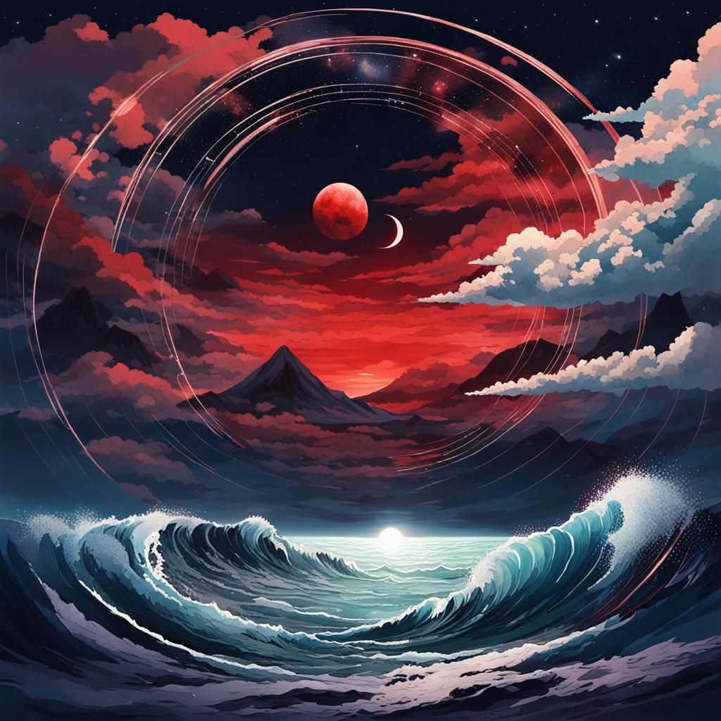 Sacred Celestial Mountain Landscape in Dark, Crashing Waves