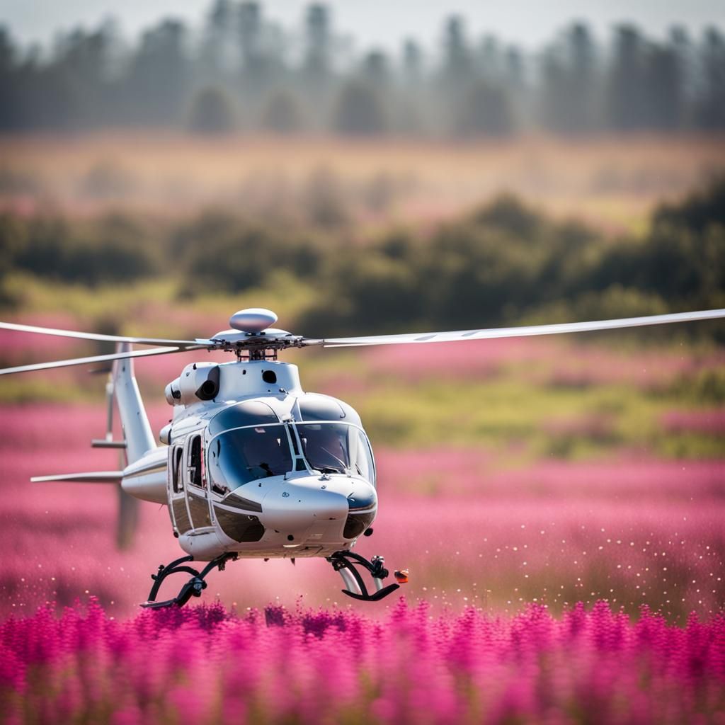 Helicopter Lands in a Field of White Flowers in a Photoreali...