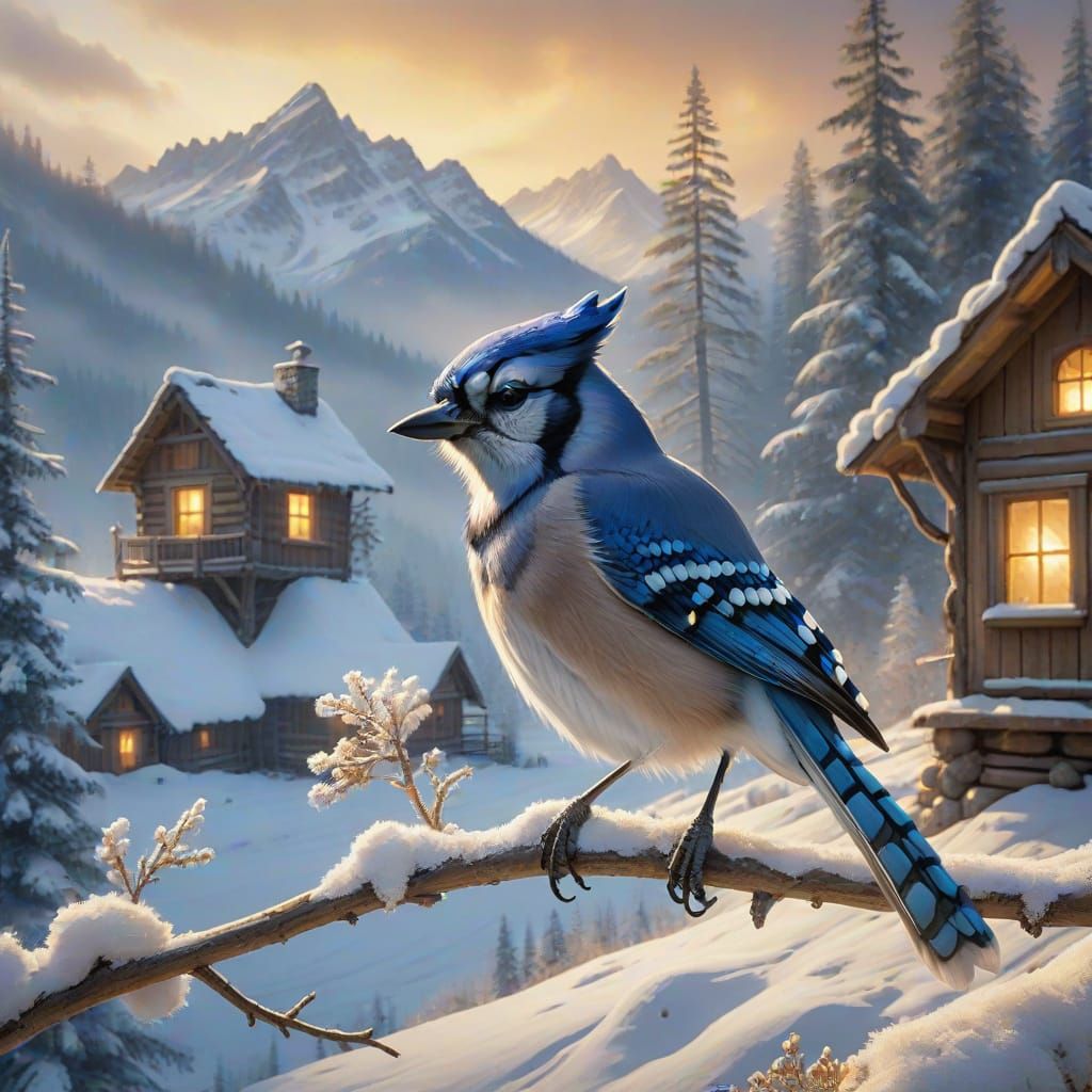 Bluejay in Winter Landscape with Golden Light