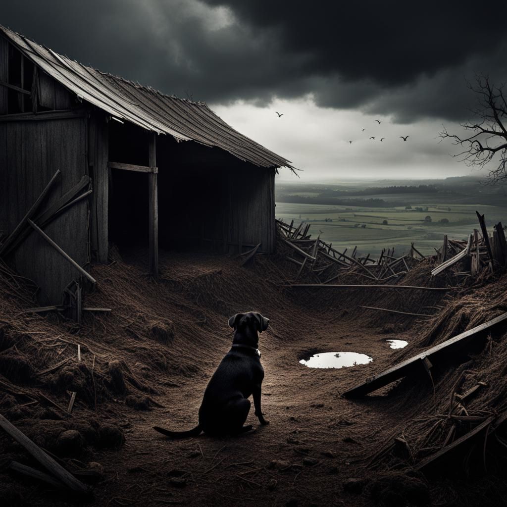 Ethereal Portrait of a Haunted Farm in Distressed Ink