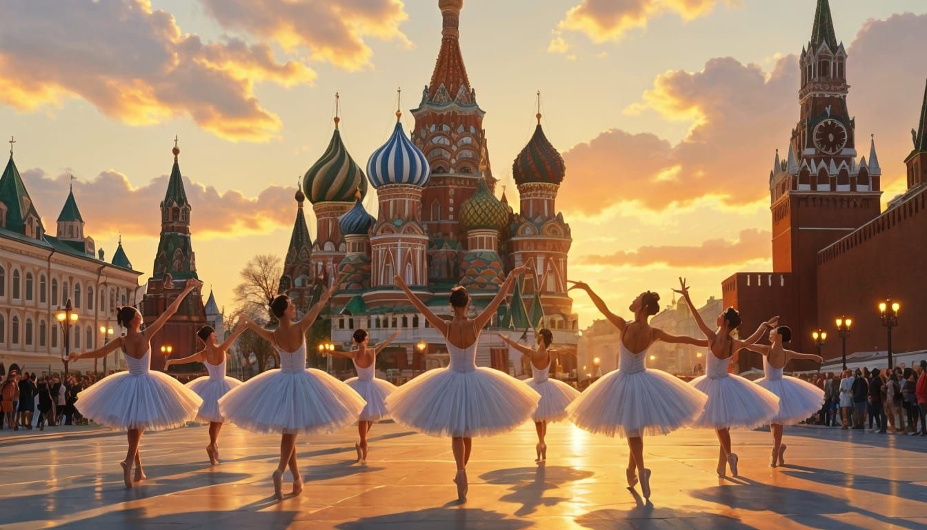Swan Lake Dancers Before Saint Basil's Cathedral