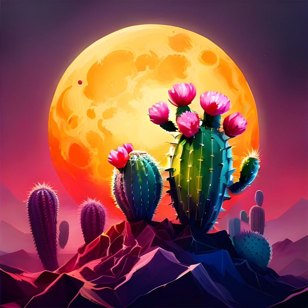 Magical Blooming Cactus Radiates on the Vibrant Moonlit Land...