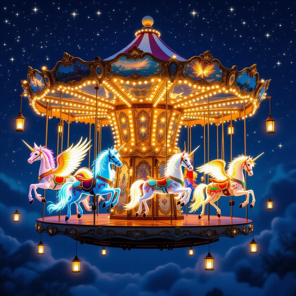 Magical Carousel with Mythical Creatures in Starry Night Sky