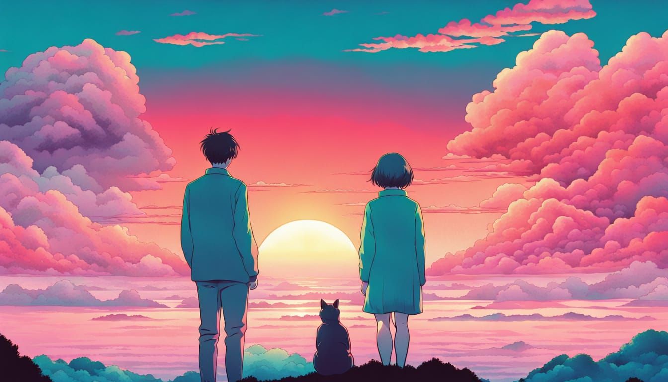 Hopeful Couple Watches Vibrant Sunset in Pastel Paradise