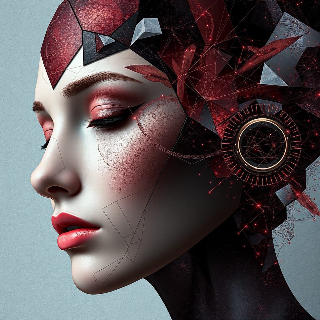 Geometric Woman: Cyberpunk Marble and Circuitry Portrait