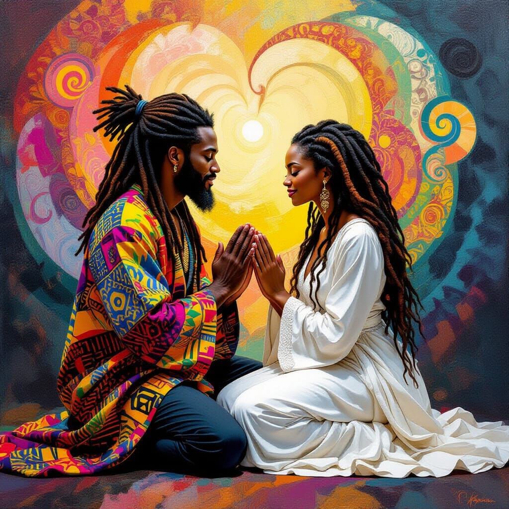 Harmonious Prayer: Black Couple in Abstract Art Style