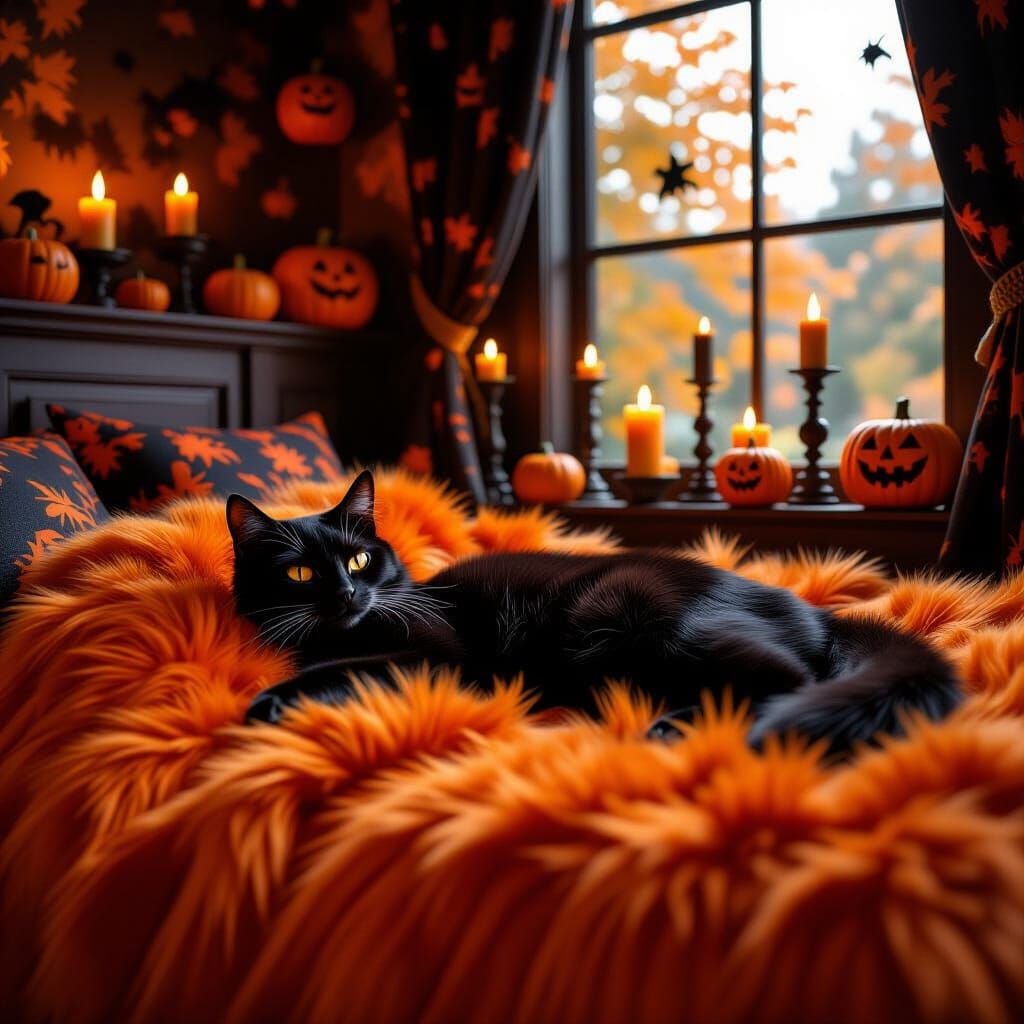 Black Cat Napping in a Detailed Halloween Room