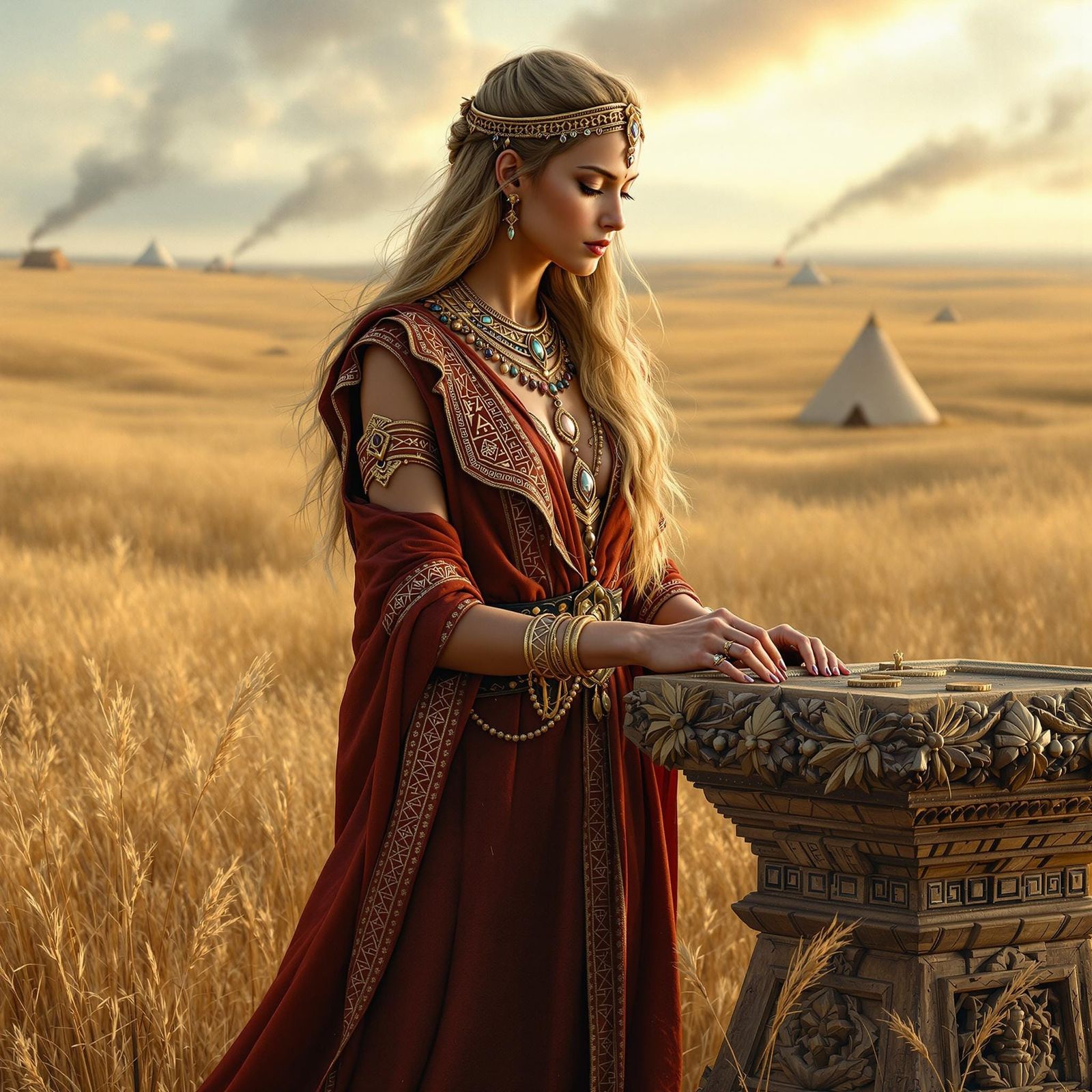 Ancient Sarmatian Priestess Before Altar on the Steppes