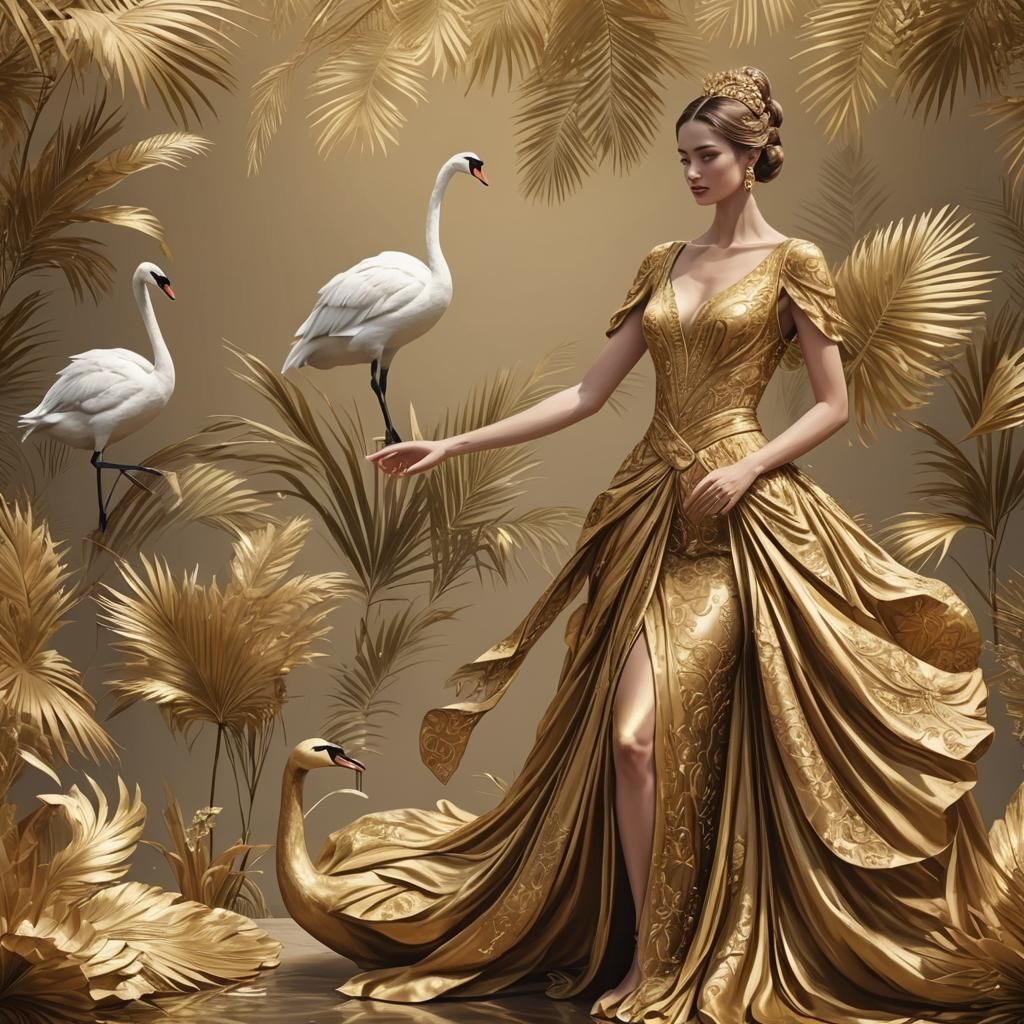 Elegant Swan Goddess in Golden Silk, Greeting with Open Palm...