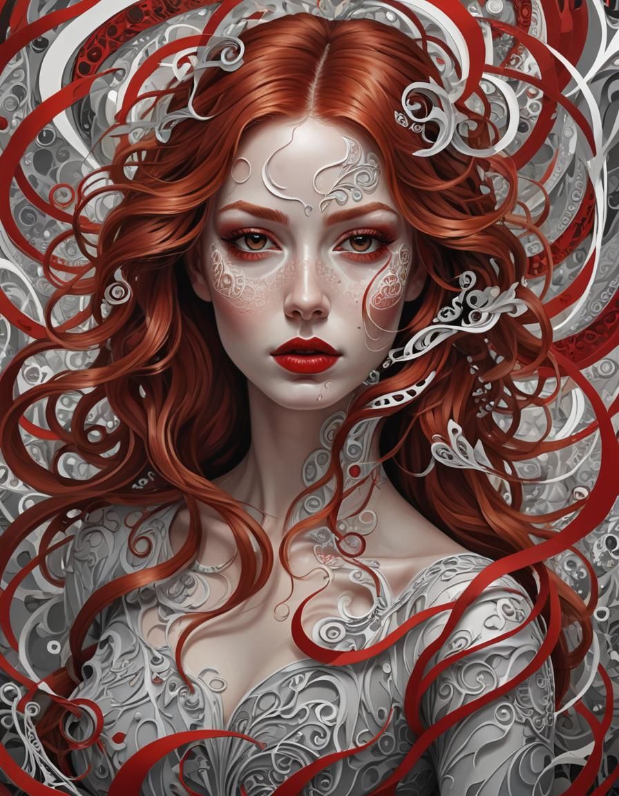 Red Haired Woman Amidst Vibrant Swirling Patterns