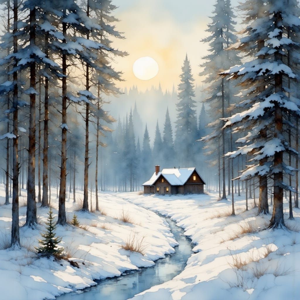 Snowy Forest with Cozy House in Painterly Style