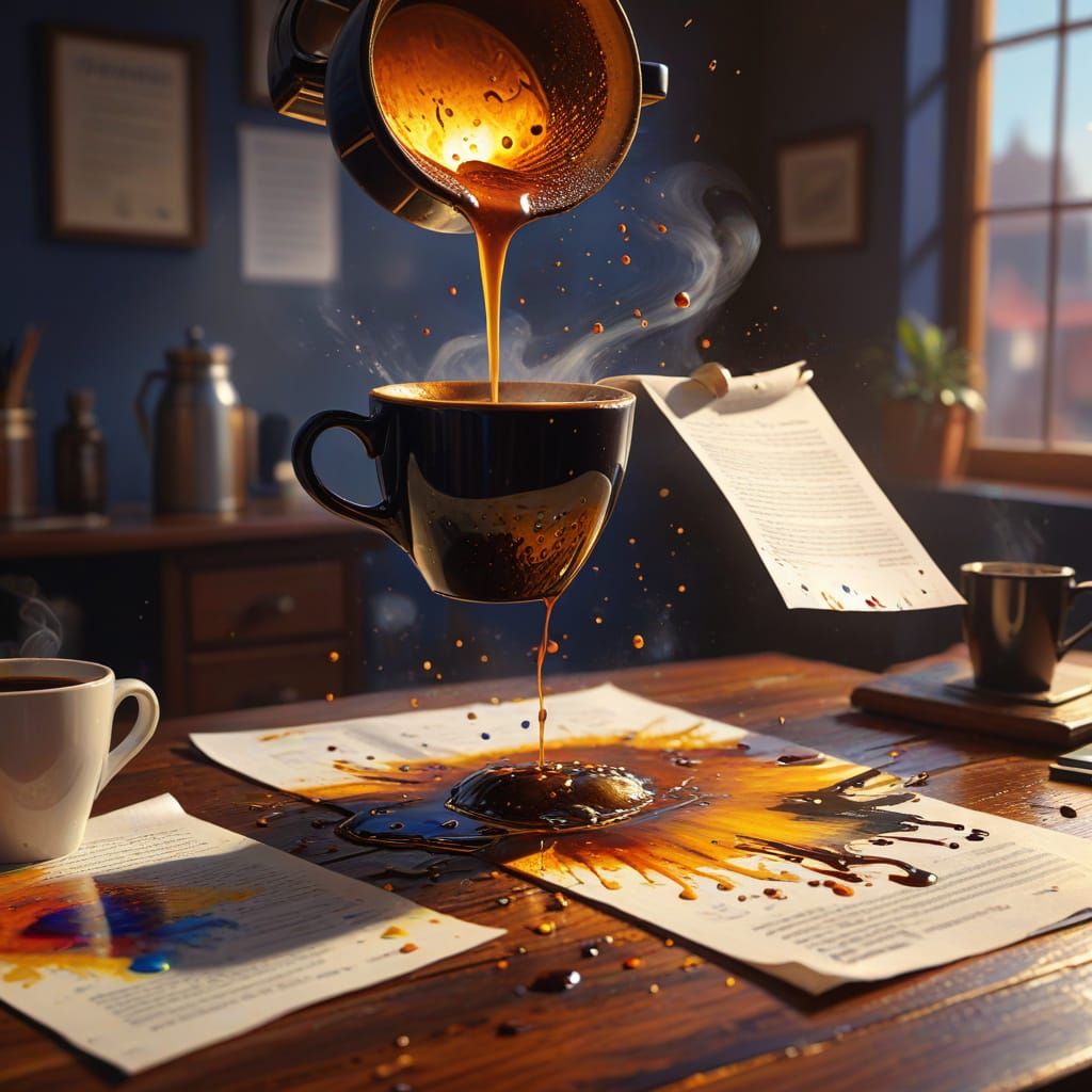 Latina Secretary's Coffee Spill: A Vibrant Oil Painting