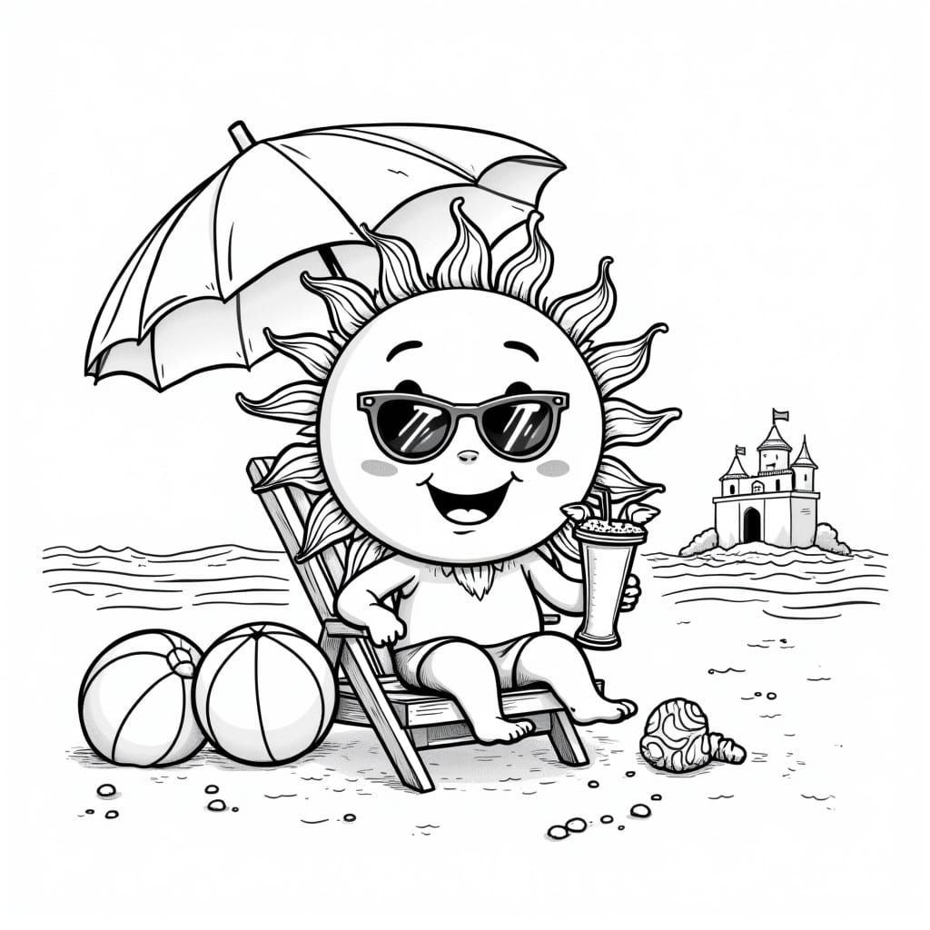 Cartoon Sun Character Relaxing on Beach, Line Art