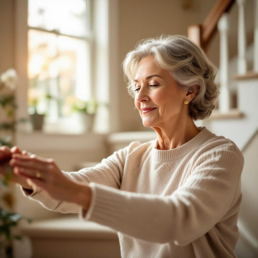 Elderly Woman Stretching Before Stairs in Ultrarealistic Sty...