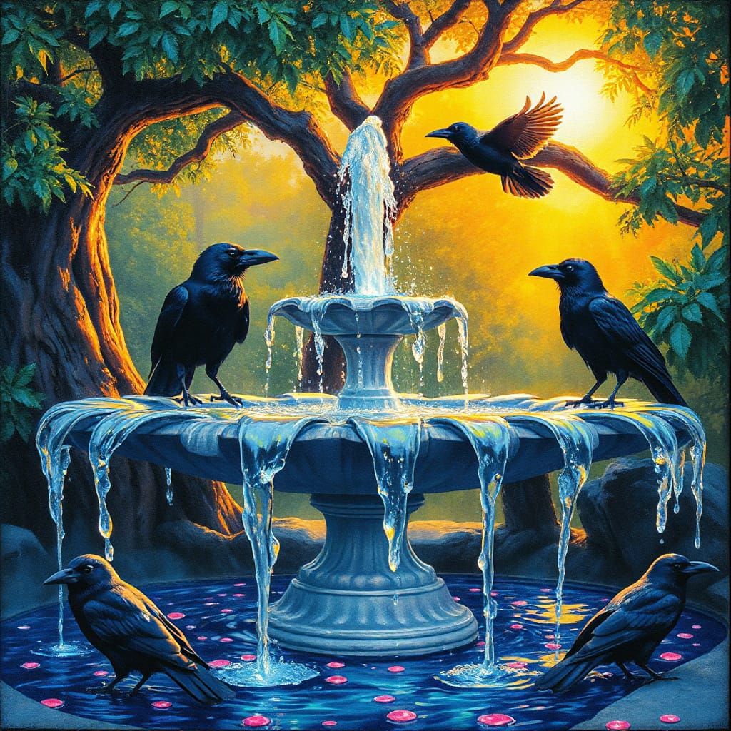 Bioluminescent Raven Fountain in Gouache Style