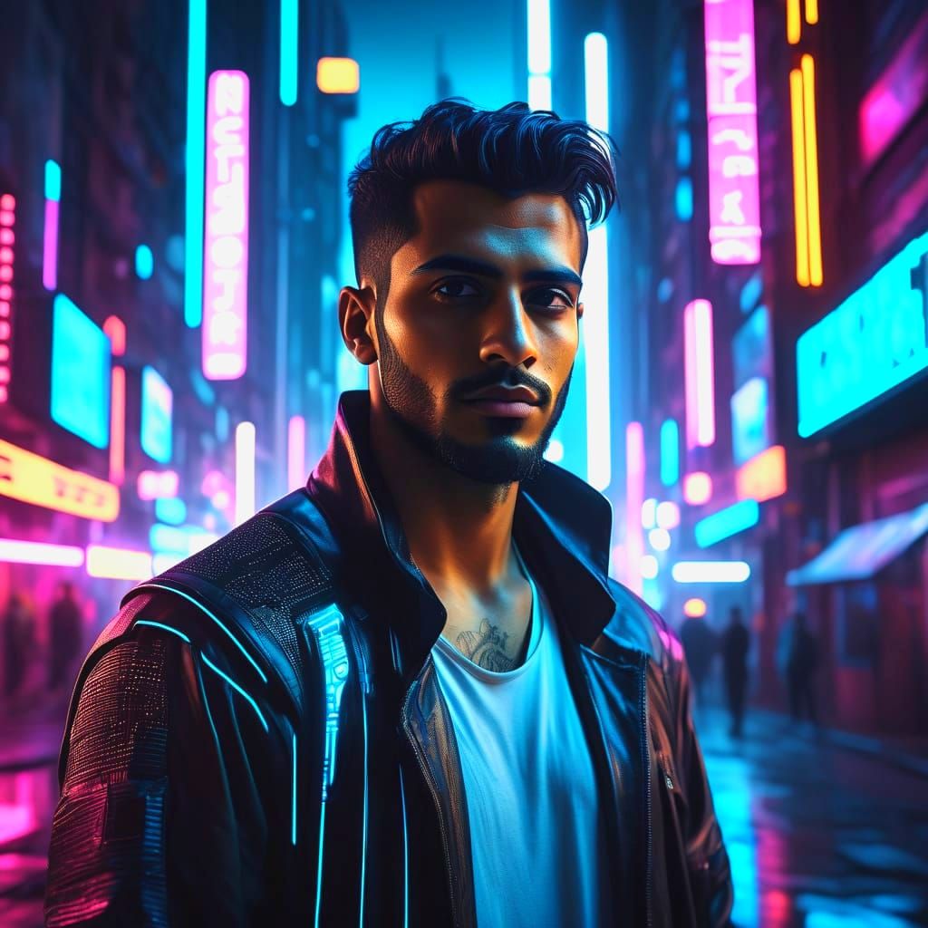 Cyberpunk Hairy Man Poses in Futuristic City