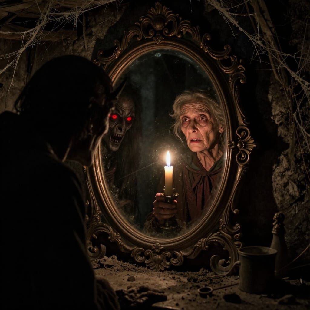 Demonic Figure in Mirror Terrifies Elderly Woman in Basement