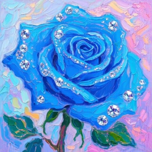 Sparkling Blue Rose: Neo-Impressionist Oil Painting