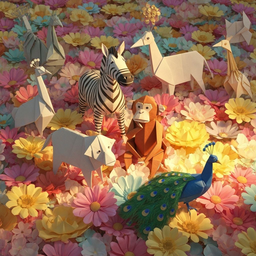 Origami Animals Made of Money in Flower Field