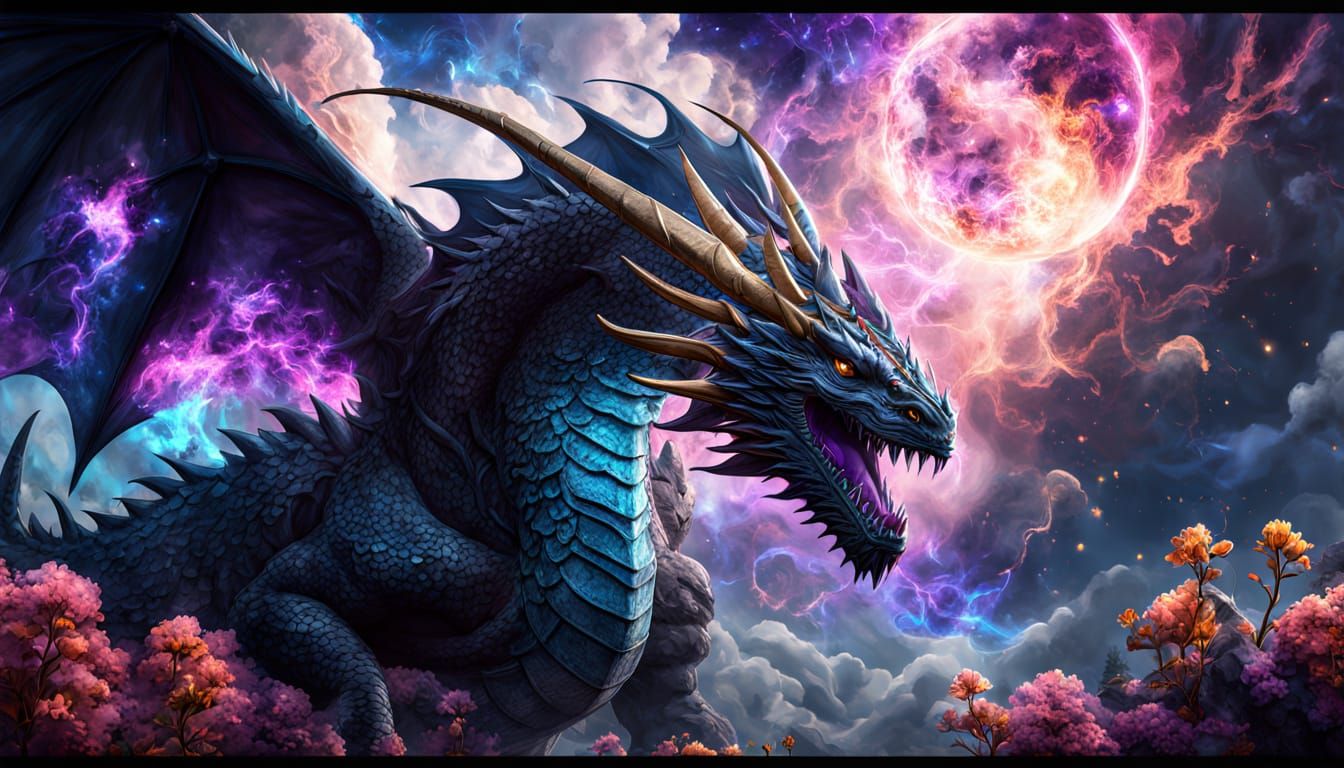 Colossal Obsidian Dragon Soaring Through Nebula