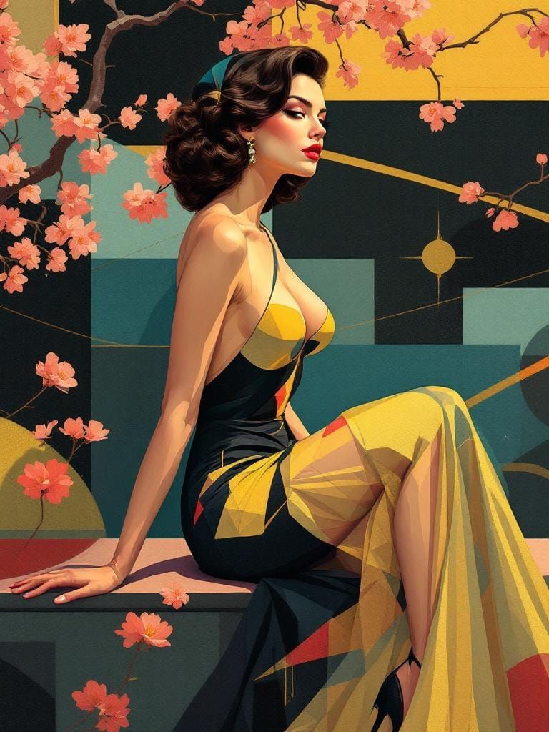 Vintage Pin-Up with Geometric Cherry Blossom Garden