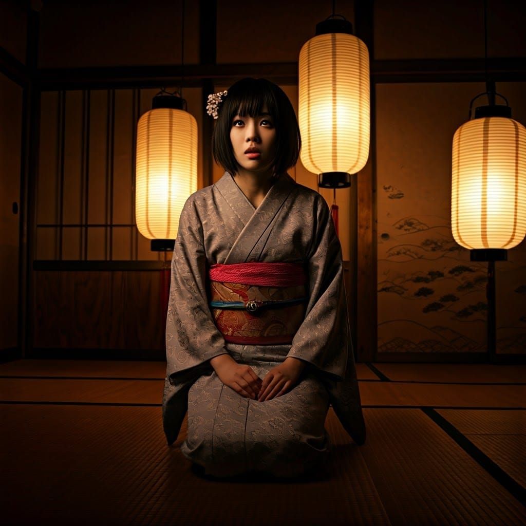 A Young Japanese Woman in a Haunting, Dark Kimono Scene