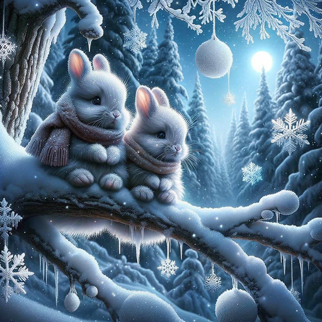 Cute Fluffy Bunnies in Snowy Winter Wonderland