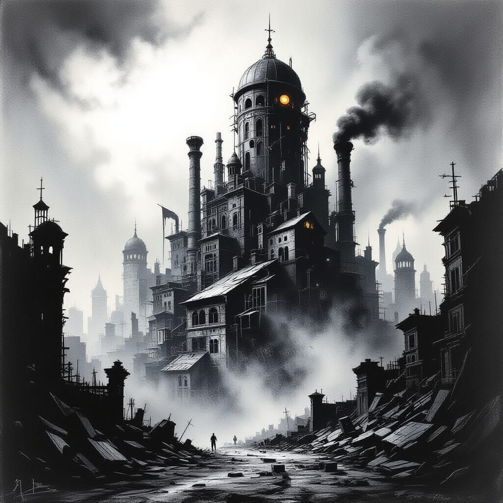 Grim Y2K Futurism Charcoal Drawing of Decaying City