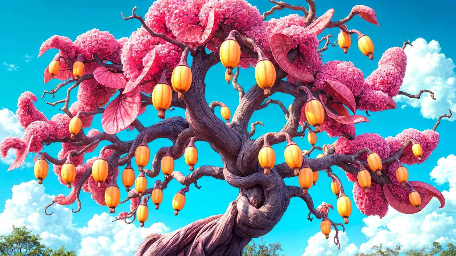Surreal Pink Tree Bears Blazing Fruits