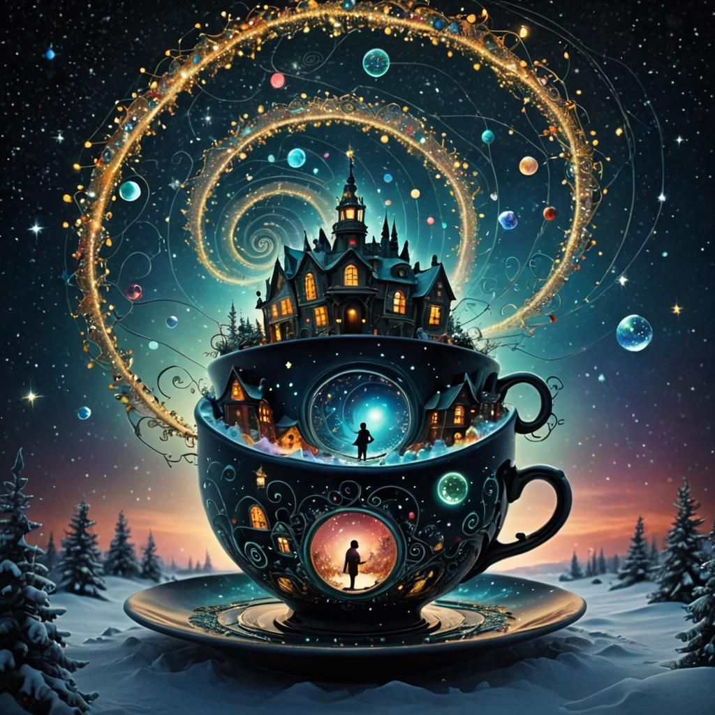 Intricate Celestial Portal in a Surreal Christmas Teacup Spi...