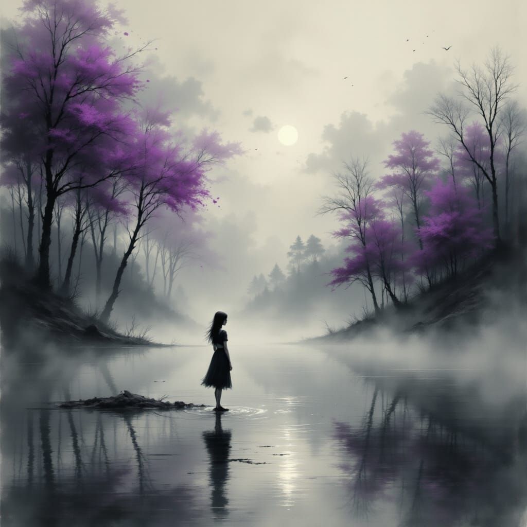 Solitary Woman by Lake in Dark Fantasy Style