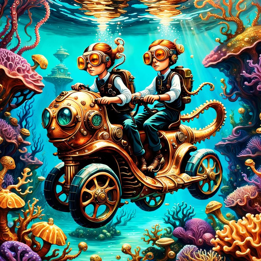 Surreal Steampunk Underwater Adventure in Vibrant Oil Painti...