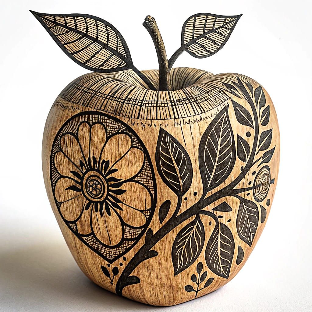 Wooden Apple Tattoo Art in Linocut Style