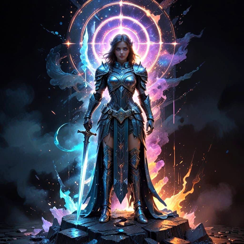 Ethereal Holy Knight in Radiant Armor, Surrounded by Celesti...