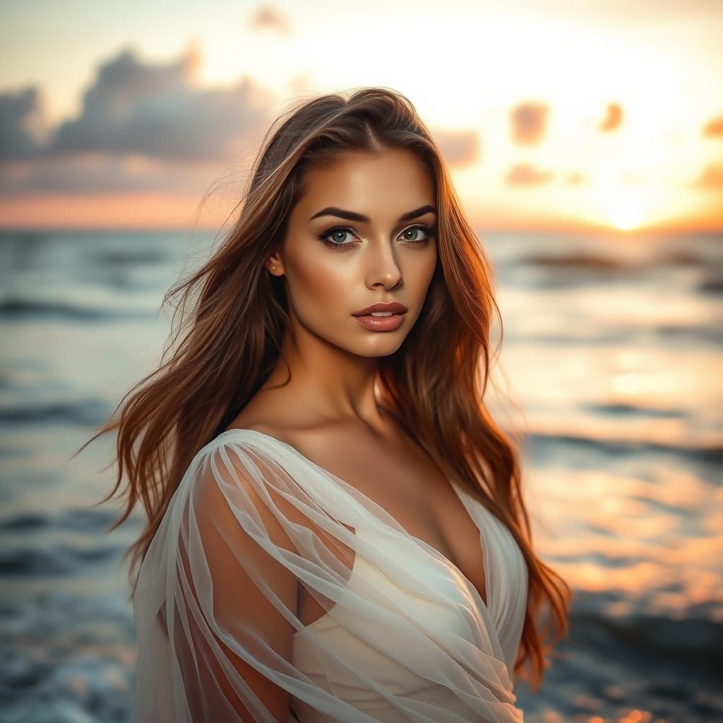 Serenely Posing Ocean Goddess in Soft Sunset Glow