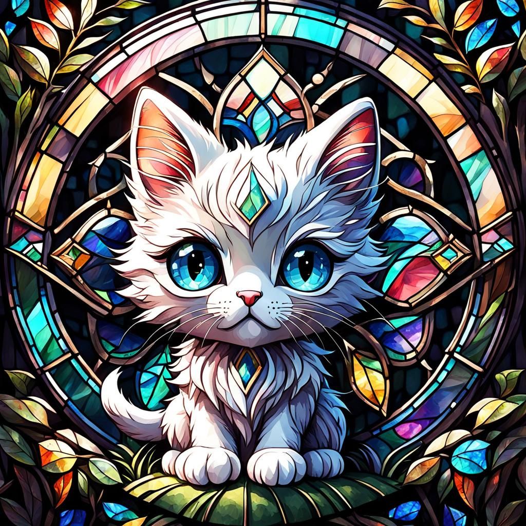 Whimsical Stained Glass Kitten in Dark Woods, Watercolor Sty...