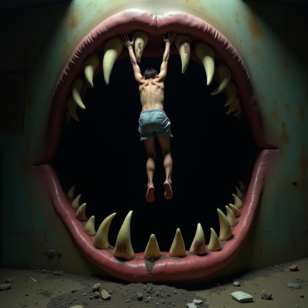 Dark Fantasy Portrait of a Person Climbing Inside a Giant Mo...