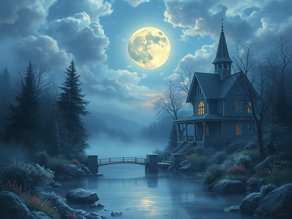 Ethereal Fantasy Mist Landscape in Thomas Kinkade Style