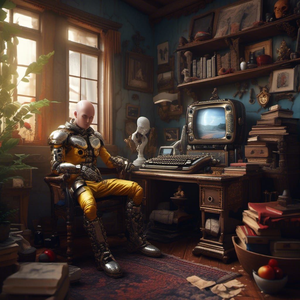 Saitama in a Vibrant Nokia 3310-Inspired Fantasy Setting